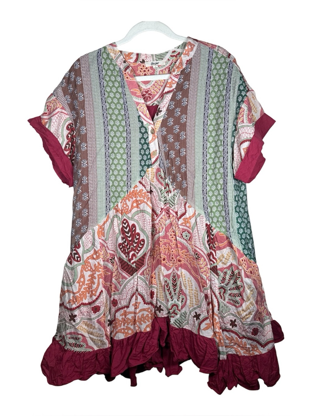 Boho Patchwork mixed floral print oversize SZ S ruffle mini dress by Blue Velvet